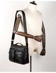 Black Leather 10 inches Mens Small Messenger Bag Black Side Bag Courier Bag Postman Bag for Men - iwalletsmen