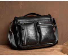 Black Leather 10 inches Mens Small Messenger Bag Black Side Bag Courier Bag Postman Bag for Men - iwalletsmen