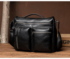 Black Leather 10 inches Mens Small Messenger Bag Black Side Bag Courier Bag Postman Bag for Men - iwalletsmen