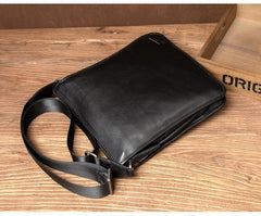 Black Leather 10 inches Mens Small Vertical Messenger Bags Postman Bags Courier Bag for Men - iwalletsmen