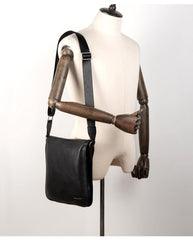 Black Leather 10 inches Mens Small Vertical Messenger Bags Postman Bags Courier Bag for Men - iwalletsmen