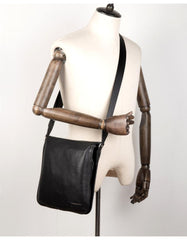 Black Leather 10 inches Mens Small Vertical Messenger Bags Postman Bags Courier Bag for Men - iwalletsmen