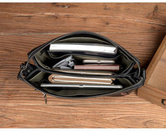 Black Leather 10 inches Mens Small Vertical Messenger Bags Postman Bags Courier Bag for Men - iwalletsmen
