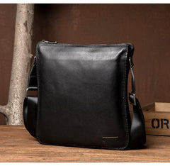 Black Leather 10 inches Mens Small Vertical Messenger Bags Postman Bags Courier Bag for Men - iwalletsmen