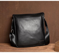 Black Leather 10 inches Mens Small Vertical Messenger Bags Postman Bags Courier Bag for Men - iwalletsmen