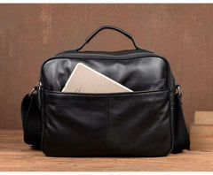Cool Black Leather 11 inches Mens Small Messenger Bags Courier Bag Shoulder Briefcase for Men - iwalletsmen