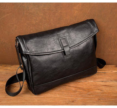 Fashion Black Leather 12 inches Mens Small Courier Bag Messenger Bags Postman Bag for Men - iwalletsmen