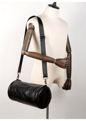 Fashion Black Leather Mens Barrel Messenger Bag Bucket Courier Bag Postman Bags for Men - iwalletsmen