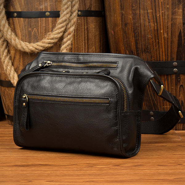 Black Leather Fanny Pack Mens Waist Bag Hip Pack Belt Bag Bumbag for Men - iwalletsmen