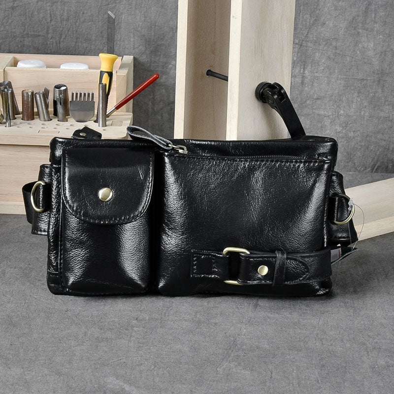 Black Leather Fanny Pack Mens Waist Bag Hip Pack Belt Bag for Men - iwalletsmen