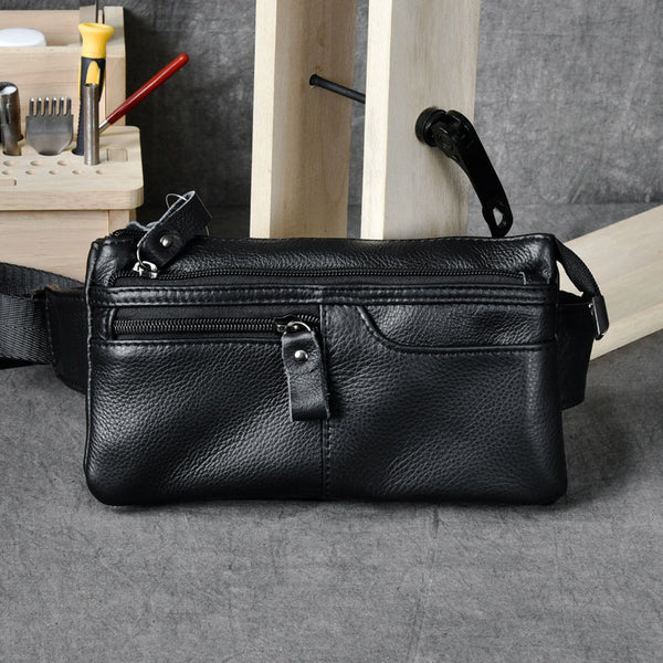 Black Leather Fanny Pack Mens Waist Bag Hip Pack Belt Bag for Men - iwalletsmen