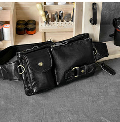 Black Leather Fanny Pack Mens Waist Bag Hip Pack Belt Bag for Men - iwalletsmen