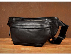 Cool Black Leather Fanny Pack Mens Waist Bag Hip Pack Black Belt Bags Bumbag for Men - iwalletsmen