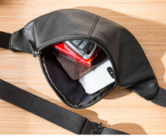 Black Mens Leather Fanny Packs Sling Bag Waist Bag Hip Pack Belt Bag Chest Bag for Men - iwalletsmen