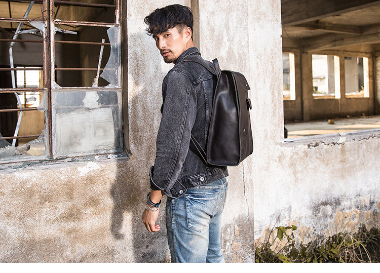 Black leather shop travel backpack