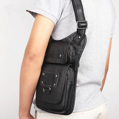 Black Leather Men's Sling Bag Shoulder Bag Chest Bag One Shoulder Backpack For Men - iwalletsmen