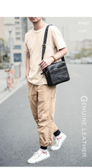 Black Leather Mens 10 inches Courier Bag Messenger Bag Black Small Postman Bag For Men - iwalletsmen