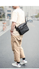 Black Leather Mens 10 inches Courier Bag Messenger Bag Black Small Postman Bag For Men - iwalletsmen
