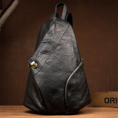 Cool Black Leather Mens Sling Bags Crossbody Pack Black Backpack Sling Pack Chest Bags for men - iwalletsmen