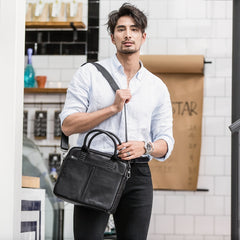 Black Leather Mens 12 inches Briefcase Work Bag Black Laptop Handbag Business Briefcase Shoulder Handbag for Men - iwalletsmen