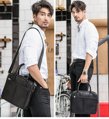 Black Leather Mens 12 inches Briefcase Work Bag Black Laptop Handbag Business Briefcase Shoulder Handbag for Men - iwalletsmen