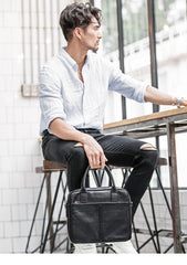 Black Leather Mens 12 inches Briefcase Work Bag Black Laptop Handbag Business Briefcase Shoulder Handbag for Men - iwalletsmen