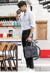Black Leather Mens 12 inches Briefcase Work Bag Black Laptop Handbag Business Briefcase Shoulder Handbag for Men - iwalletsmen
