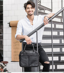 Black Leather Mens 12 inches Briefcase Work Bag Black Laptop Handbag Business Briefcase Shoulder Handbag for Men - iwalletsmen