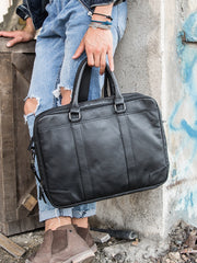 Black Leather Mens 14 inches Briefcase Work Bag Laptop Bag Business Bag for Men - iwalletsmen