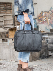 Black Leather Mens 14 inches Briefcase Work Bag Laptop Bag Business Bag for Men - iwalletsmen