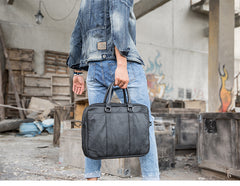 Black Leather Mens 14 inches Briefcase Work Bag Laptop Bag Business Bag for Men - iwalletsmen