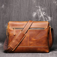 Brown Leather Mens 12 inches Large Laptop Side Bag Courier Bag Messenger Bag Postman Bag For Men - iwalletsmen