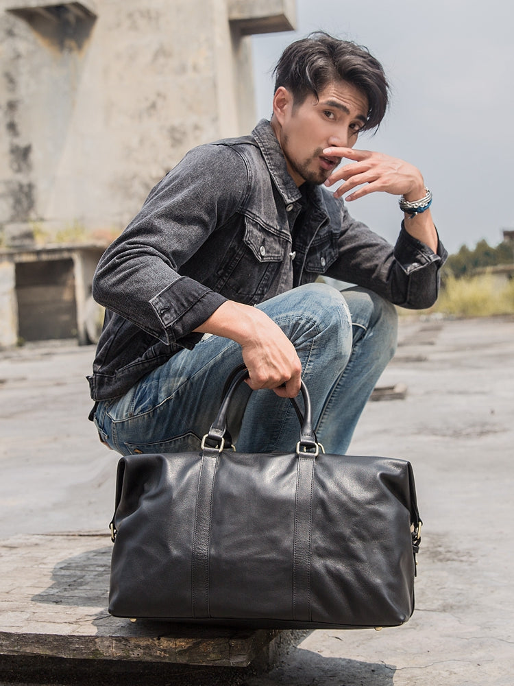 Black Leather Mens 16" Weekender Bag Travel Shoulder Bag Black Luggage iwalletsmen Black Leather Mens 16" Weekender Bag Travel Shoulder Bag Black Luggage iwalletsmen