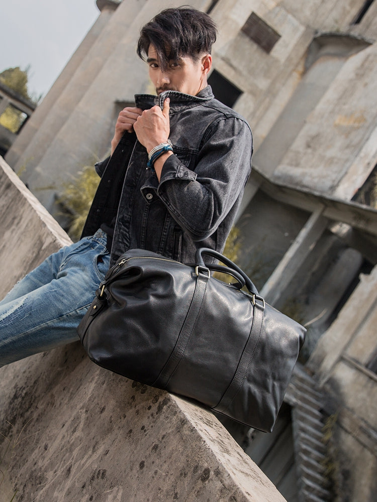 Black Leather Mens 16 Weekender Bag Travel Shoulder Bag Black Luggage iwalletsmen