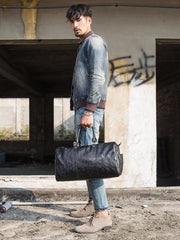 Fashion Black Leather Mens 16 inches Weekender Bag Black Side Bag Travel Shoulder Bags Duffle Bags for men - iwalletsmen