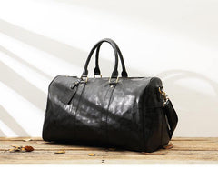 Fashion Black Leather Mens 16 inches Weekender Bag Black Side Bag Travel Shoulder Bags Duffle Bags for men - iwalletsmen