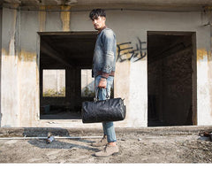 Fashion Black Leather Mens 16 inches Weekender Bag Black Side Bag Travel Shoulder Bags Duffle Bags for men - iwalletsmen