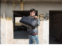 Fashion Black Leather Mens 16 inches Weekender Bag Black Side Bag Travel Shoulder Bags Duffle Bags for men - iwalletsmen