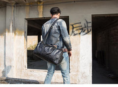 Fashion Black Leather Mens 16 inches Weekender Bag Black Side Bag Travel Shoulder Bags Duffle Bags for men - iwalletsmen