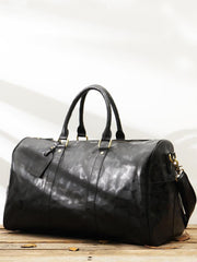 Fashion Black Leather Mens 16 inches Weekender Bag Black Side Bag Travel Shoulder Bags Duffle Bags for men - iwalletsmen