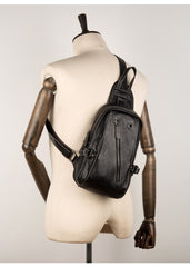 Black Leather Mens Cool Sling Bags Crossbody Pack Black Sling Pack Chest Bags for men - iwalletsmen