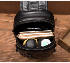 Black Leather Mens Cool Sling Bags Crossbody Pack Black Sling Pack Chest Bags for men - iwalletsmen