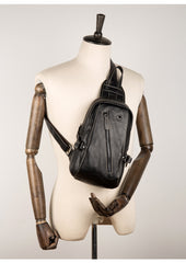 Black Leather Mens Cool Sling Bags Crossbody Pack Black Sling Pack Chest Bags for men - iwalletsmen