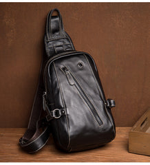 Black Leather Mens Cool Sling Bags Crossbody Pack Black Sling Pack Chest Bags for men - iwalletsmen