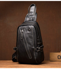 Black Leather Mens Cool Sling Bags Crossbody Pack Black Sling Pack Chest Bags for men - iwalletsmen