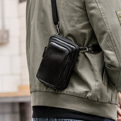 Black Leather Mens Mini Messenger Bag Belt Pouch Tan Side Bag Phone Bag Belt Bag For Men - iwalletsmen
