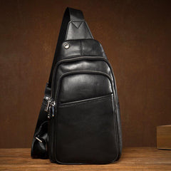 Black Leather Mens Cool Sling Bag Sling Pack Black Crossbody Packs Chest Bag for men - iwalletsmen