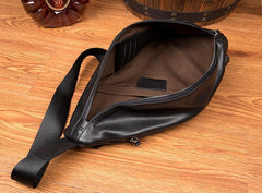 Black Leather Mens 8 inches Cool Sling Bags Crossbody Pack Black Chest Bag One Shoulder Pack for men - iwalletsmen