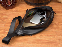Black Leather Mens 8 inches Cool Sling Bags Crossbody Pack Black Chest Bag One Shoulder Pack for men - iwalletsmen