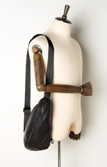Black Leather Mens 8 inches Cool Sling Bags Crossbody Pack Black Chest Bag One Shoulder Pack for men - iwalletsmen